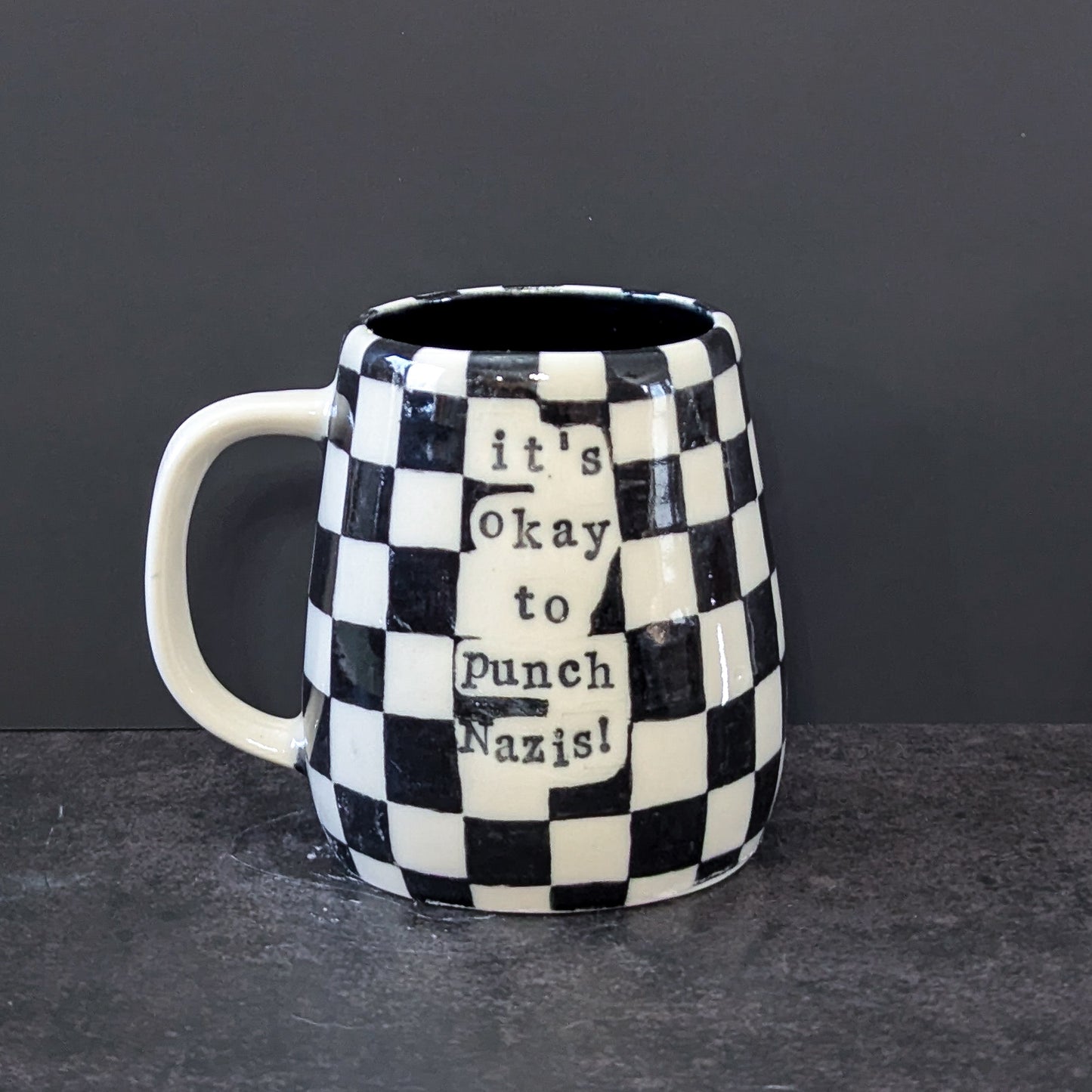 (RESERVED) Mug: It's OK To Punch Nazis! (Checkerboard)