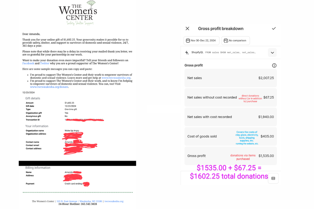 Image: Two screenshots. The first one is a donation receipt for $1602.25 from The Women's Center, and the second one is a Gross Profit Breakdown report showing how the donation amount was determined.