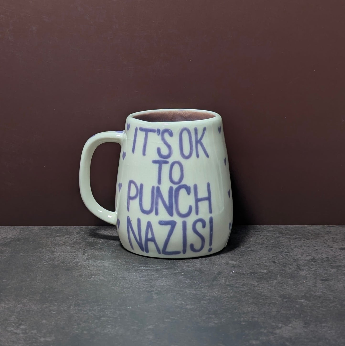 Mug: It's OK To Punch Nazis! (Lavender Hearts)