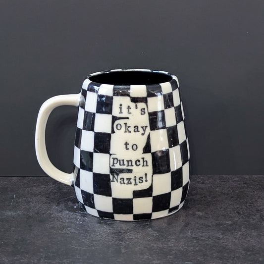 (RESERVED) Mug: It's OK To Punch Nazis! (Checkerboard)
